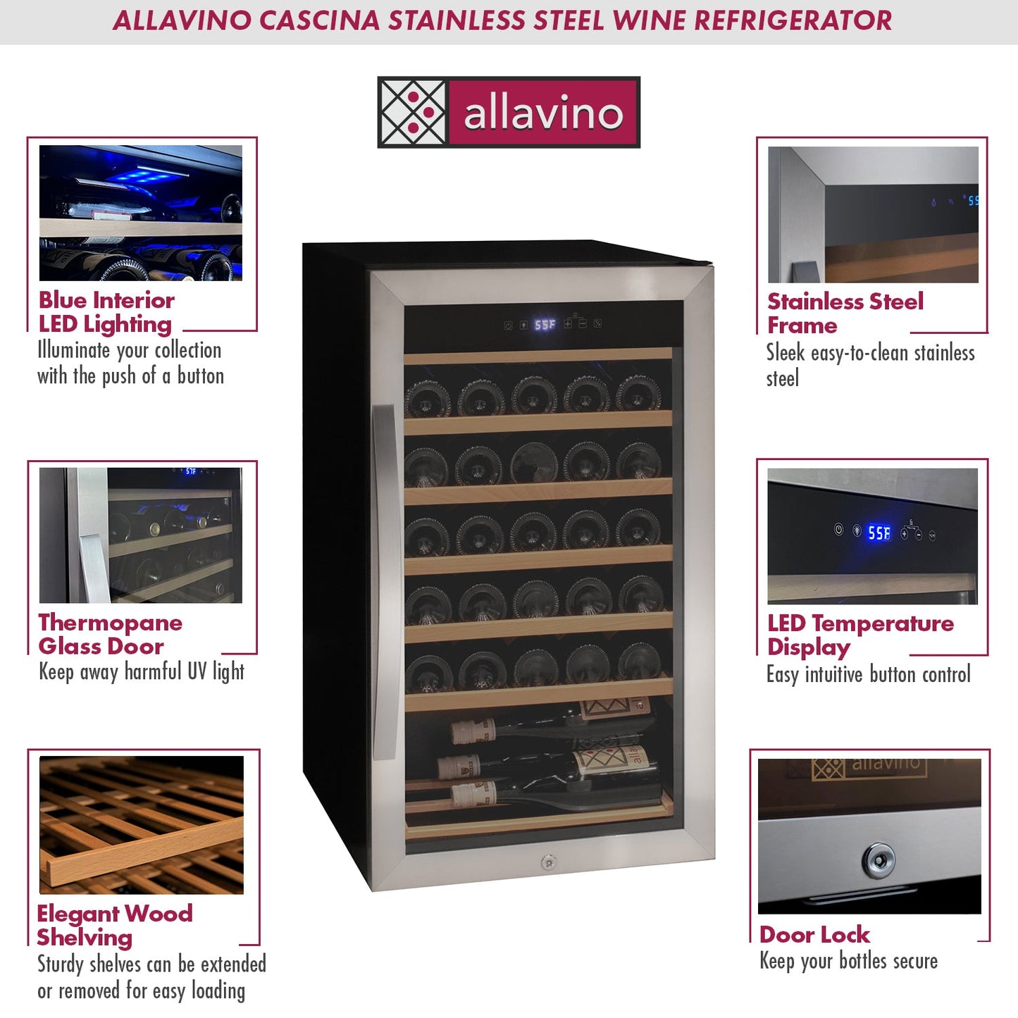 Allavino Cascina Series 33 Bottle Single Zone Freestanding Wine Refrigerator Cooler with Stainless Steel Door