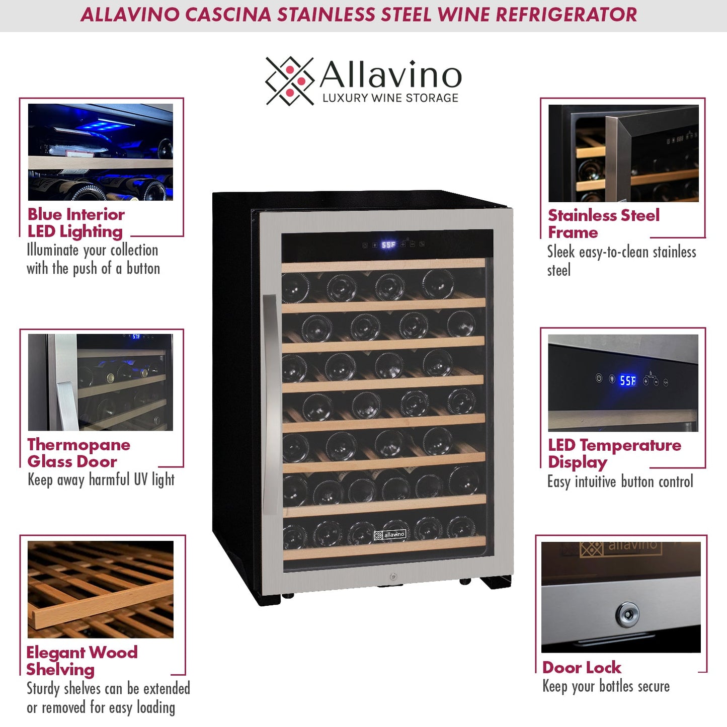 Allavino Cascina Series 55 Bottle Single Zone Freestanding Wine Refrigerator Cooler with Stainless Steel Door