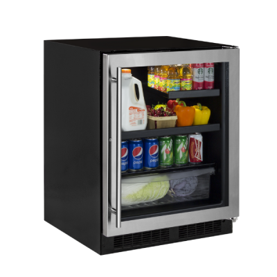 24-In Low Profile Built-In Beverage Center With Convertible Shelf And Maxstore Bin Stainless Steel Frame Glass Reversible Lock Door