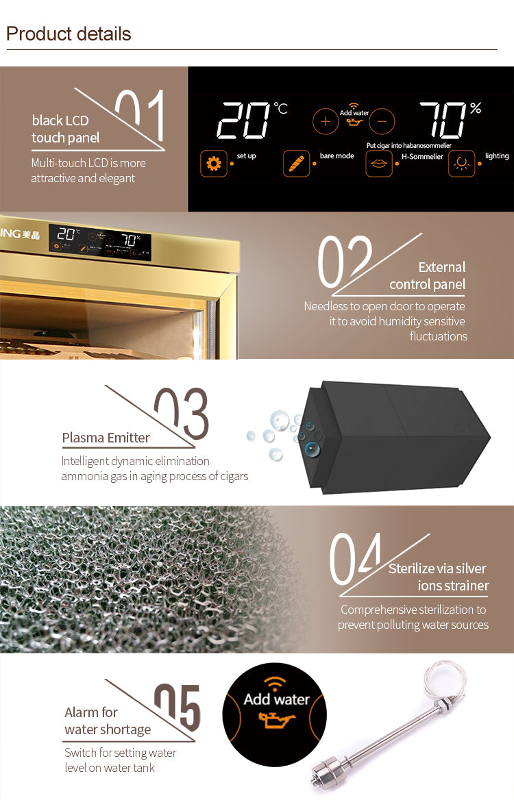 Raching MON800A Precision Electronic Cigar Humidor Cabinet – Gold with Ammonia Removal | 500–600 Cigar Capacity