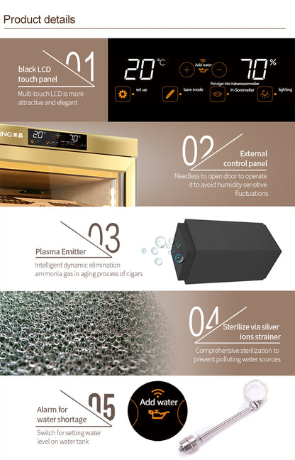 Raching MON800A Precision Electronic Cigar Humidor Cabinet – Gold with Ammonia Removal | 500–600 Cigar Capacity
