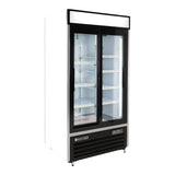 Maxx Cold 36 cuft Double Door Merchandiser Refrigerator, White Exterior, Sliding doors