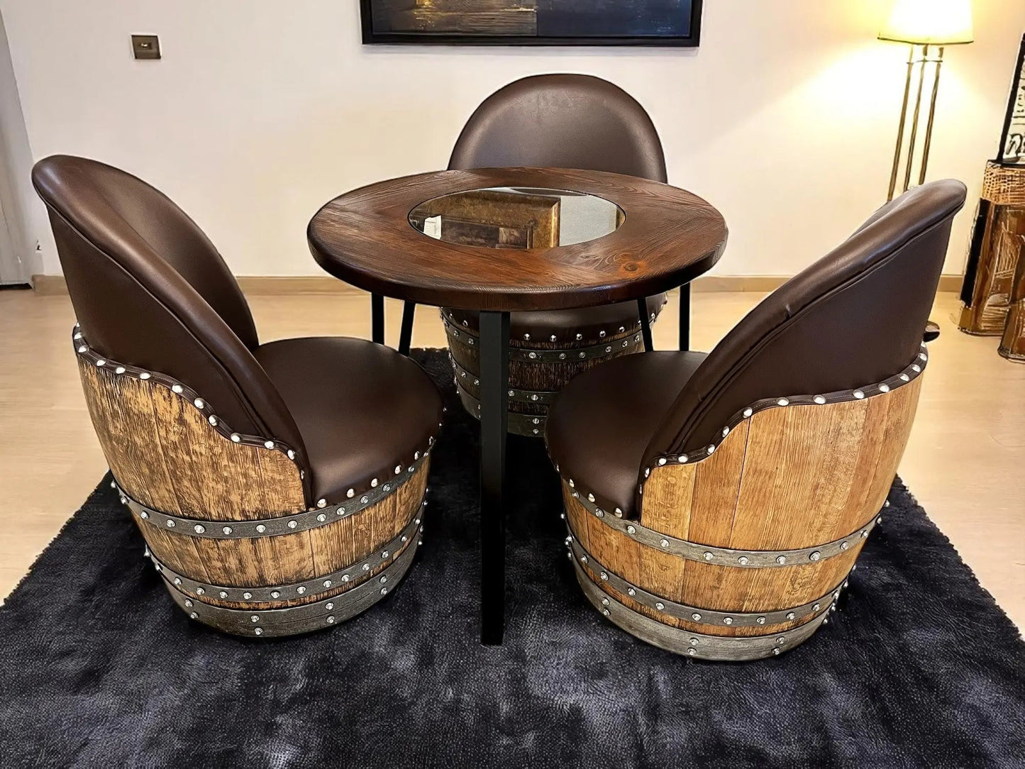 Whiskey & Wine Barrel Steel-Leg Side Table — Glass-Free Oak Top