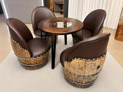 Whiskey & Wine Barrel Steel-Leg Table Set — 4 Chairs, Modern Build