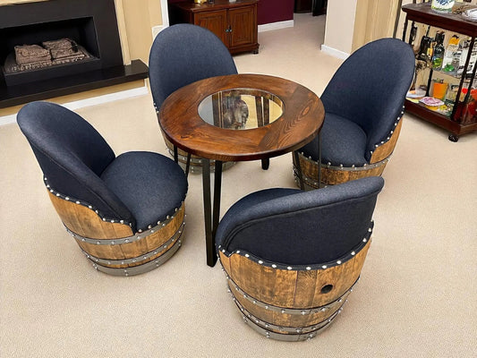 Whiskey & Wine Barrel Steel-Leg Table Set — 4 Chairs, Modern Build
