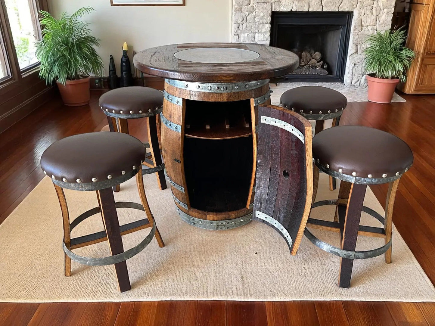 Whiskey & Wine Barrel Pub Set — 4 Stools, Counter Height, Cabinet Storage