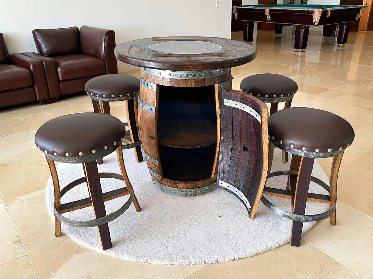 Whiskey & Wine Barrel Pub Set — 4 Stools, Counter Height, Cabinet Storage