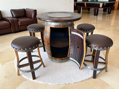 Whiskey & Wine Barrel Pub Set — 4 Stools, Counter Height, Cabinet Storage