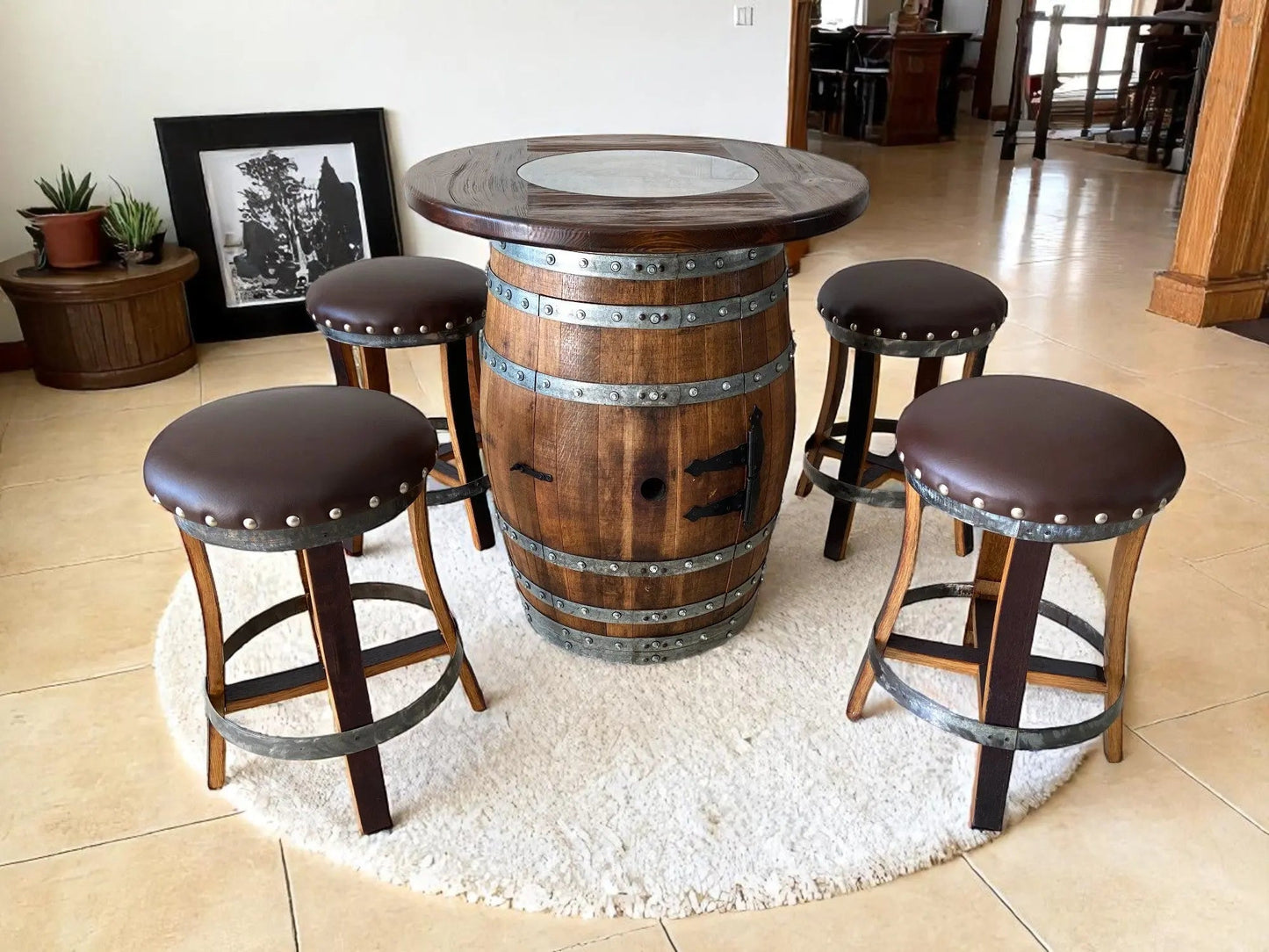 Multi-Use Whiskey & Wine Barrel Bar Set — Glass Top, Cabinet Storage