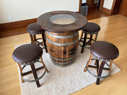 Multi-Use Whiskey & Wine Barrel Bar Set — Glass Top, Cabinet Storage