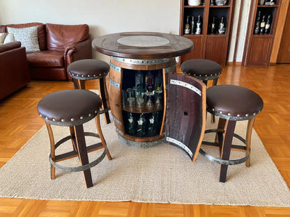 Whiskey & Wine Barrel Pub Set — 4 Stools, Counter Height, Cabinet Storage