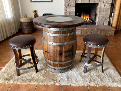 Whiskey & Wine Barrel Pub Set — 2 Stools, Counter Height, Cabinet Storage