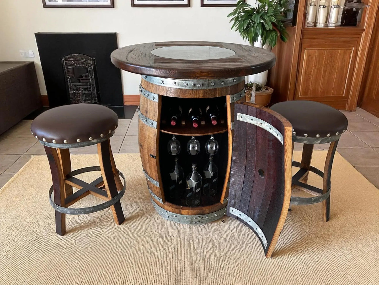 Multi-Use Whiskey & Wine Barrel Bar Set — Glass Top, Cabinet Storage