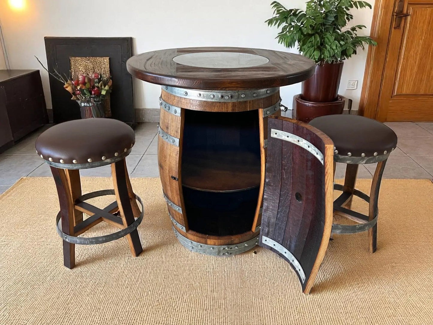Multi-Use Whiskey & Wine Barrel Bar Set — Glass Top, Cabinet Storage