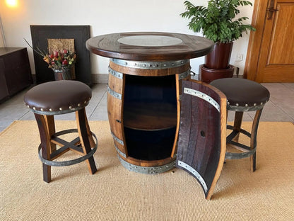 Whiskey & Wine Barrel Pub Set — 2 Stools, Counter Height, Cabinet Storage