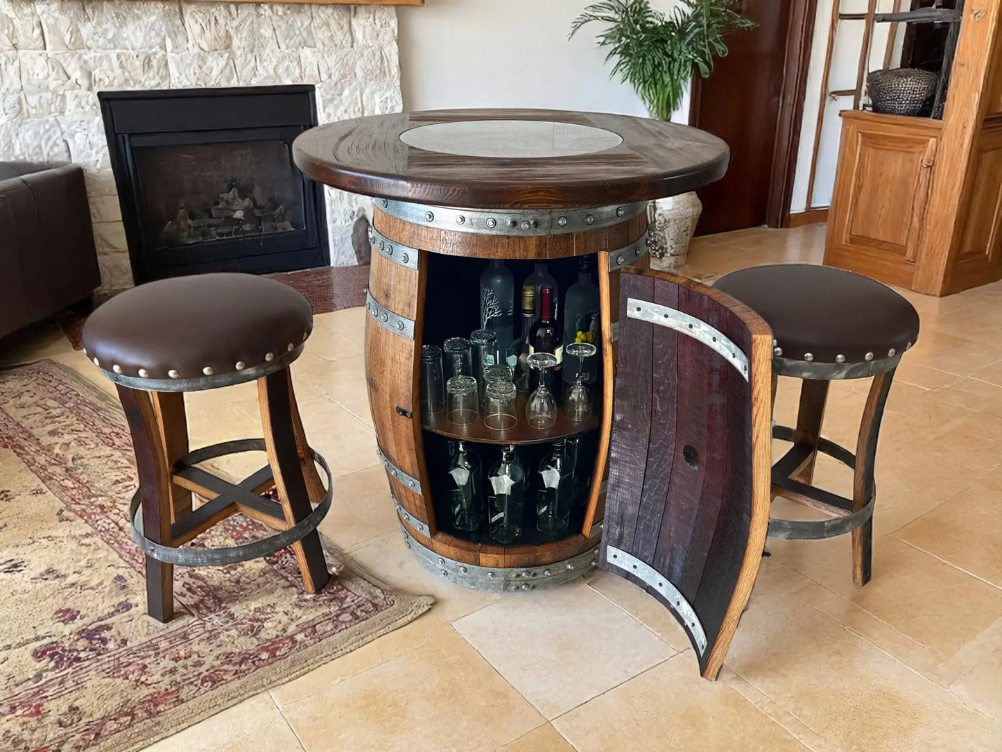 Whiskey & Wine Barrel Pub Set — 2 Stools, Counter Height, Cabinet Storage