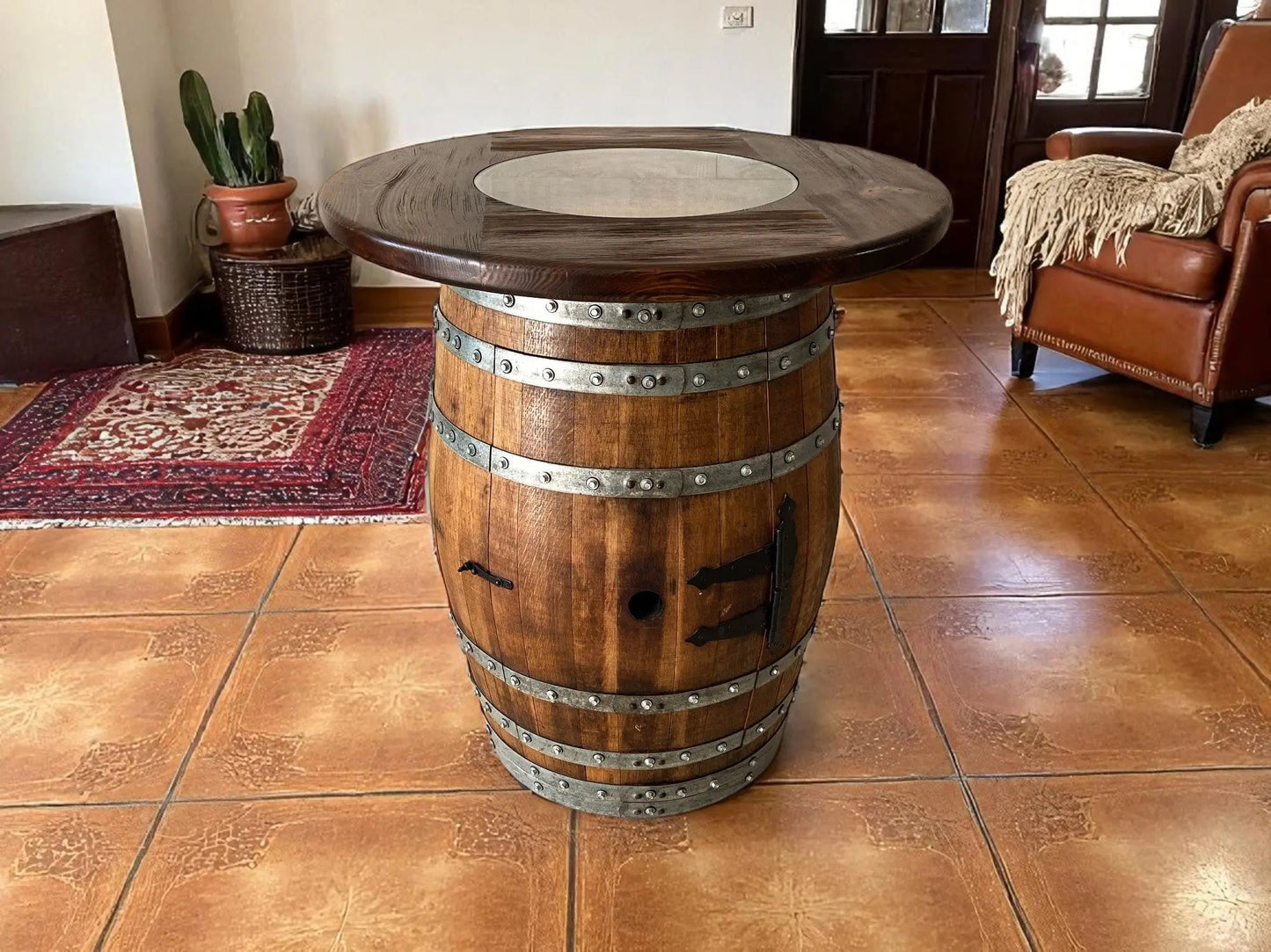 Whiskey & Wine Barrel Pub Set — 2 Stools, Counter Height, Cabinet Storage