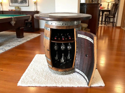 Whiskey & Wine Barrel Pub Set — 4 Stools, Counter Height, Cabinet Storage