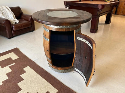 Whiskey & Wine Barrel Pub Set — 4 Stools, Counter Height, Cabinet Storage