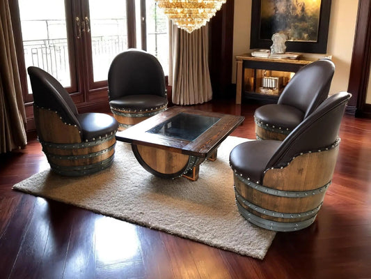 Wine Barrel Coffee Table Set with 4 Chairs - Rustic Whiskey Barrel Furniture Set - Handmade Solid Oak - Free Shipping