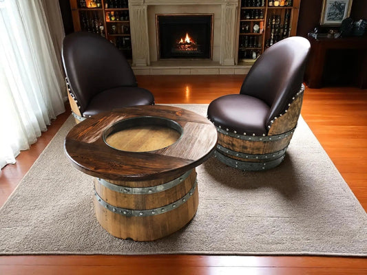 Whiskey & Wine Barrel Coffee Table — Half-Barrel Glass Top, Hidden Storage