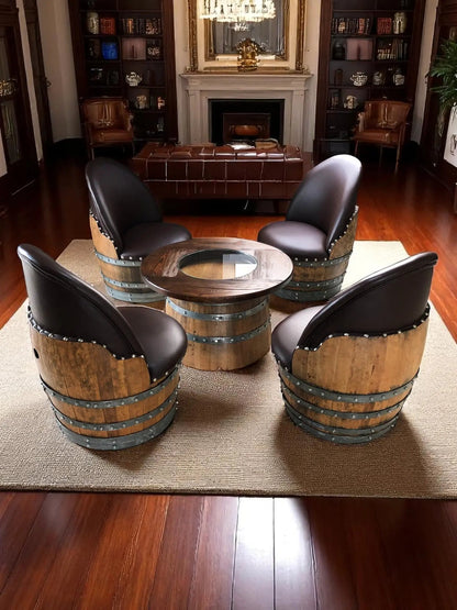 Wine Barrel Full Round Coffee Table Set with 4 Chairs - Rustic Whiskey Barrel Furniture Set - Handmade Solid Oak - Free Shipping