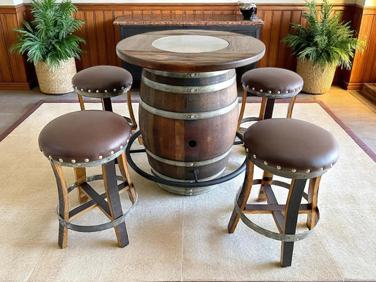 Whiskey & Wine Barrel Bistro Pub Set — 4 Stools, Glass Top, Foot Rail