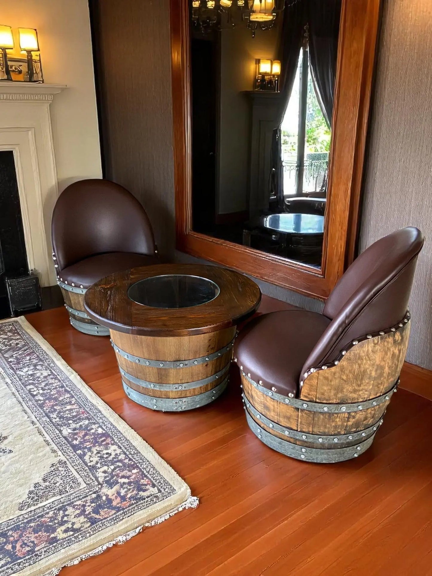 Wine Barrel Full Round Coffee Table Set with 2 Chairs - Rustic Whiskey Barrel Furniture Set - Handmade Solid Oak - Free Shipping