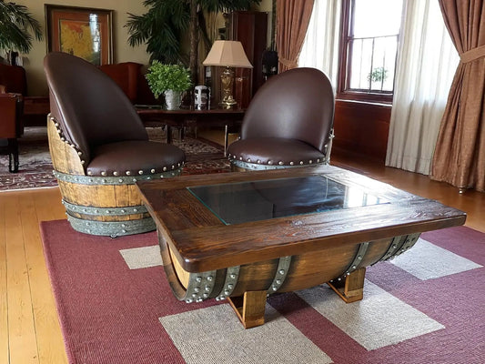 Whiskey & Wine Barrel Coffee Table — Glass Top, Hidden Storage