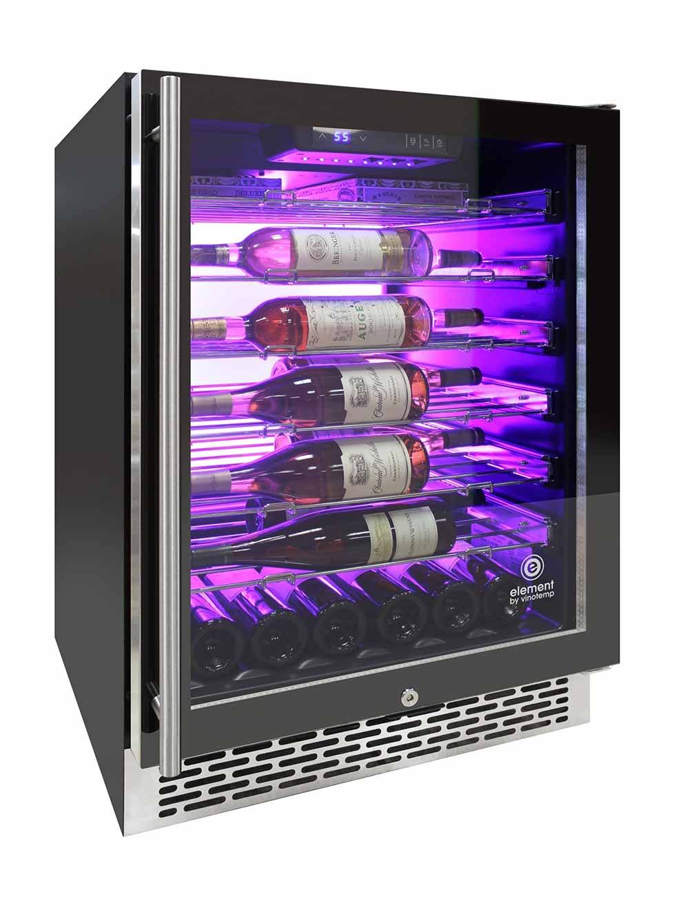 Vinotemp 54 Bottle Wine Cooler, 3 Color Backlit Lighting, Black Body, Stainless Steel Door