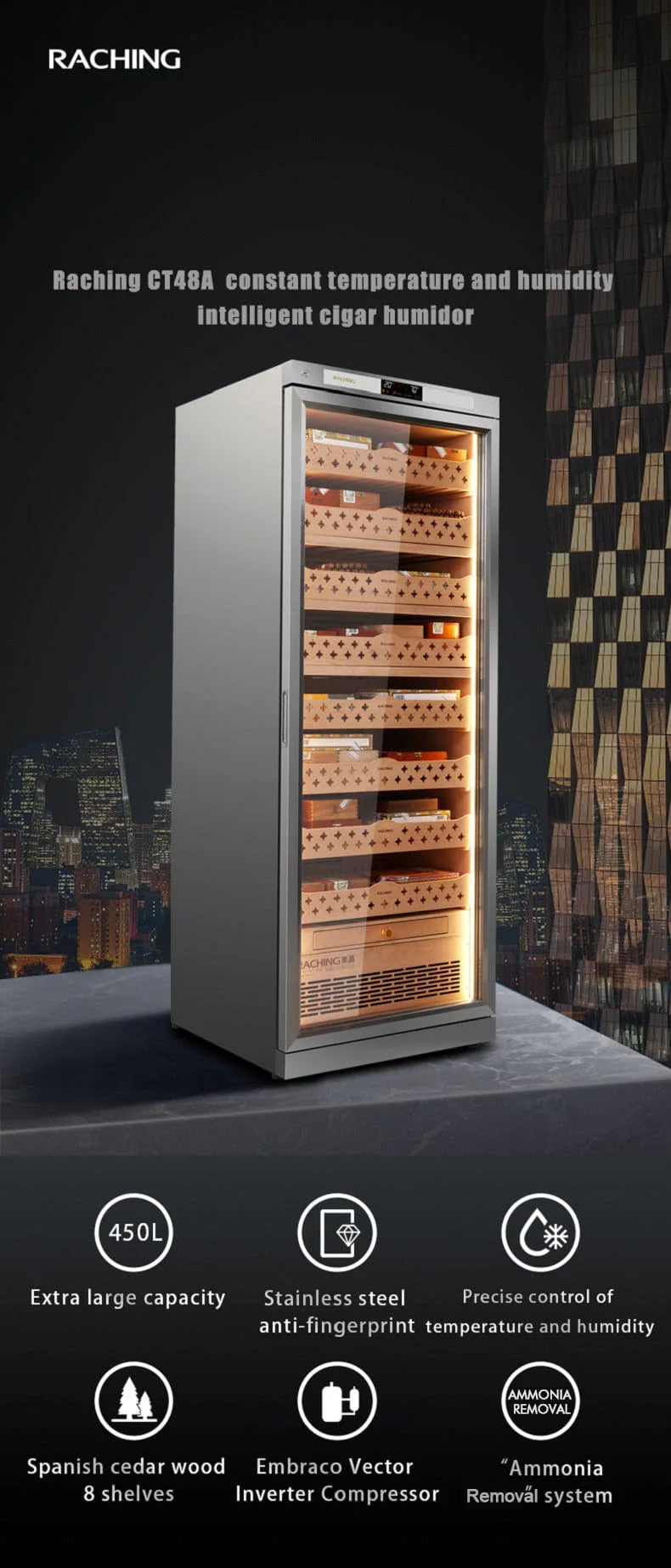 Raching CT48A Precision Stainless Steel Cigar Humidor Cabinet | 4200 Cigar Capacity