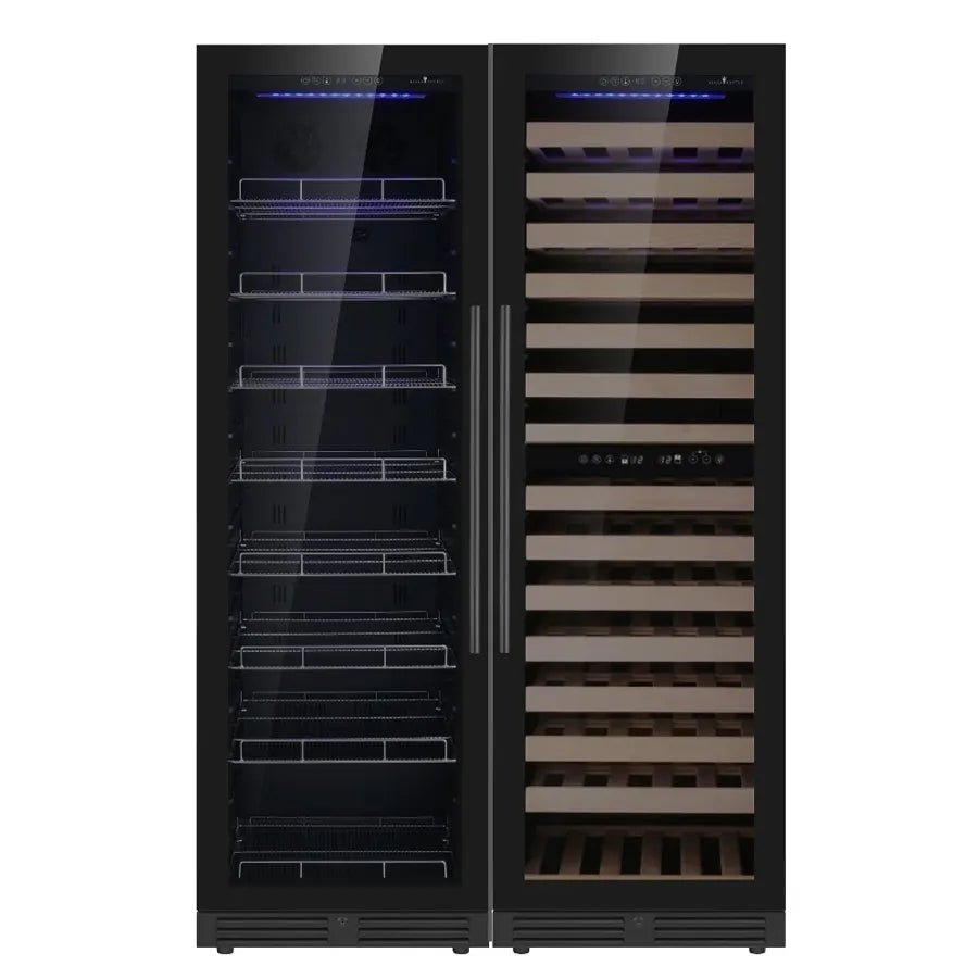 KingsBottle 71″ Tall Upright Low-E Glass Door Black Wine And Beverage Refrigerator Combo