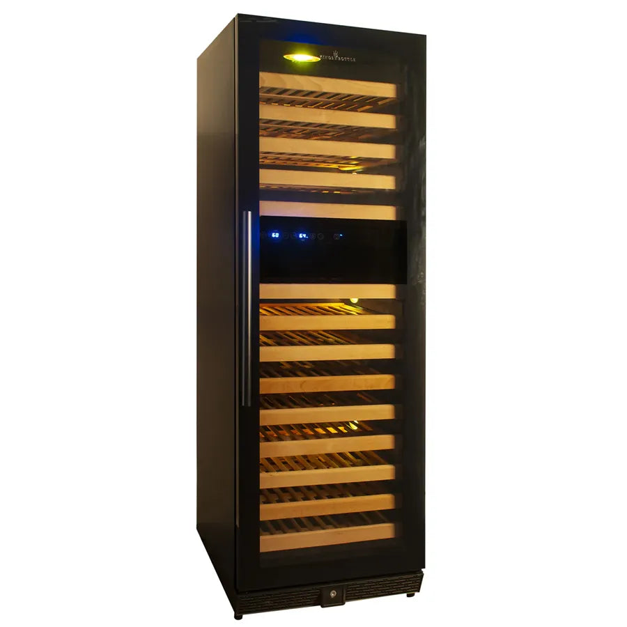 KingsBottle 164 Bottle Tall Large Left Hinge Glass Door Dual Zone Black Wine Cooler
