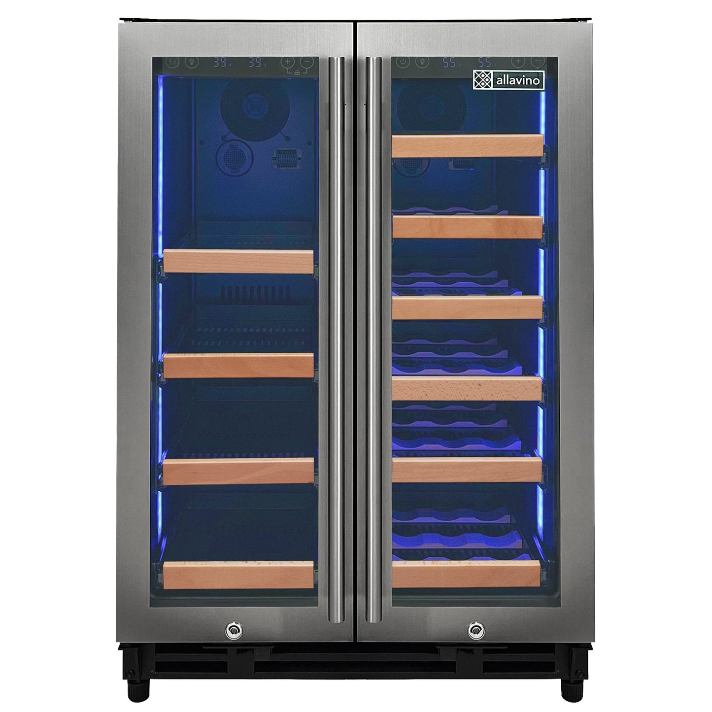 Allavino Reserva Series 24" Wide Two Door Stainless Steel Wine Refrigerator/Beverage Center with Wood Front Shelves