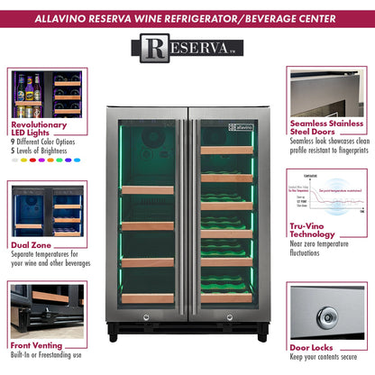 Allavino Reserva Series 24" Wide Two Door Stainless Steel Wine Refrigerator/Beverage Center with Wood Front Shelves