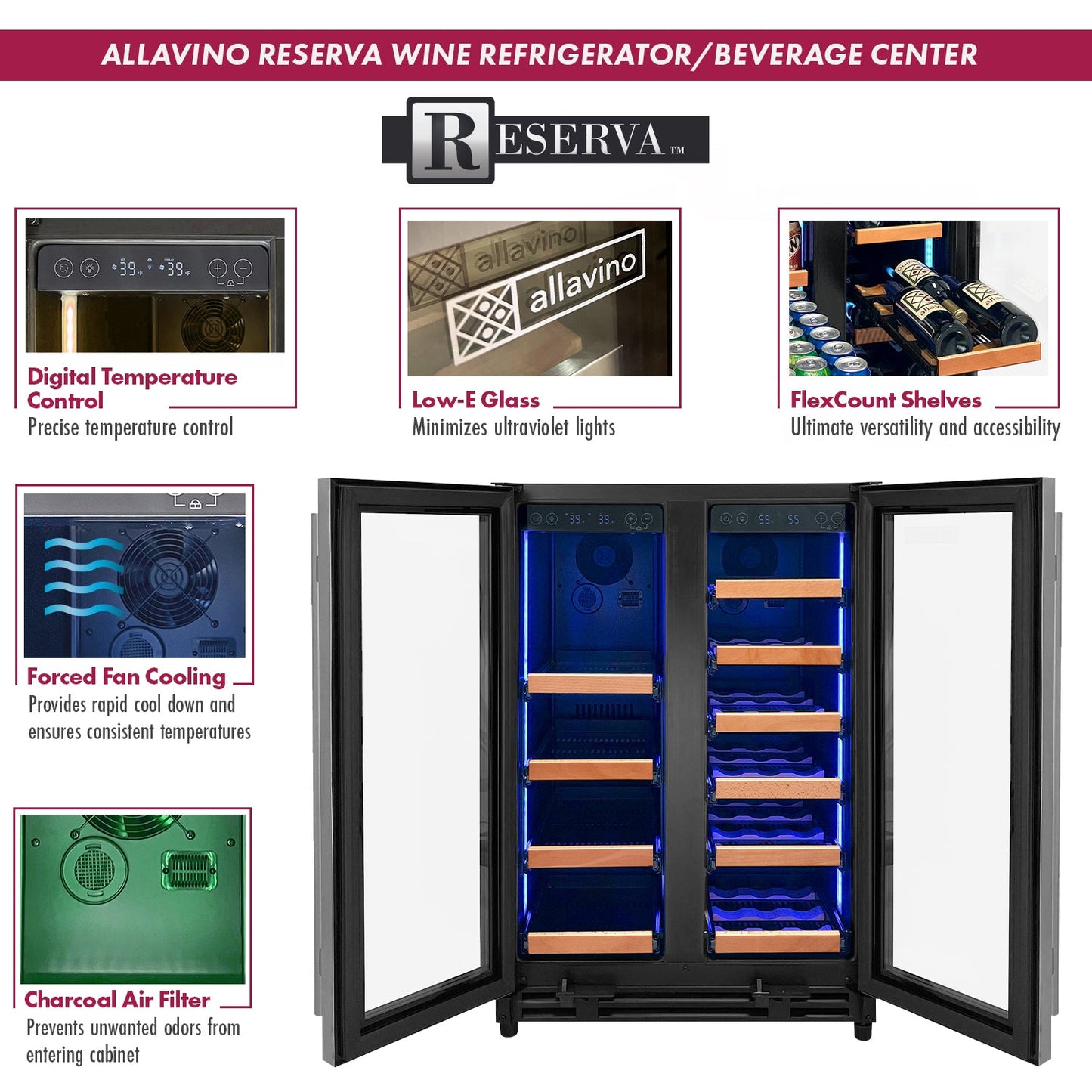 Allavino Reserva Series 24" Wide Two Door Stainless Steel Wine Refrigerator/Beverage Center with Wood Front Shelves