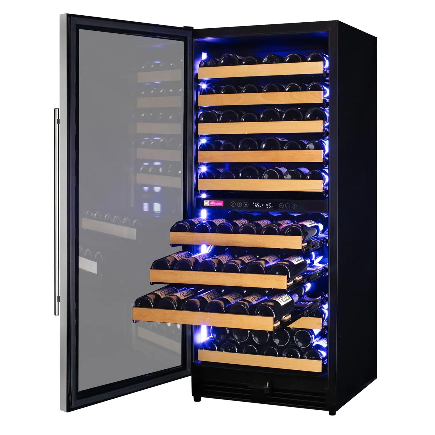 Allvaino 119 Bottle 55-Inch Tall Single Zone Left Hinge Stainless Steel Wine Refrigerator