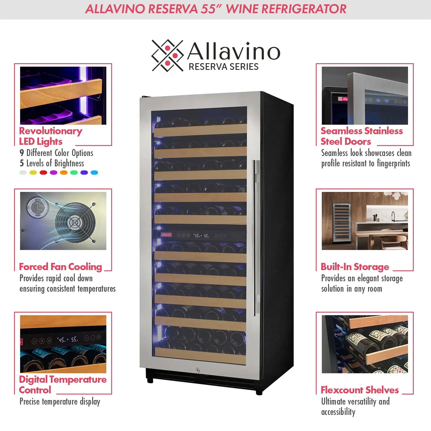 Allvaino 119 Bottle 55-Inch Tall Single Zone Left Hinge Stainless Steel Wine Refrigerator