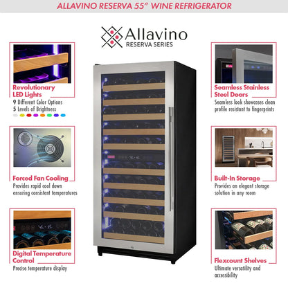 Allvaino 119 Bottle 55-Inch Tall Single Zone Left Hinge Stainless Steel Wine Refrigerator