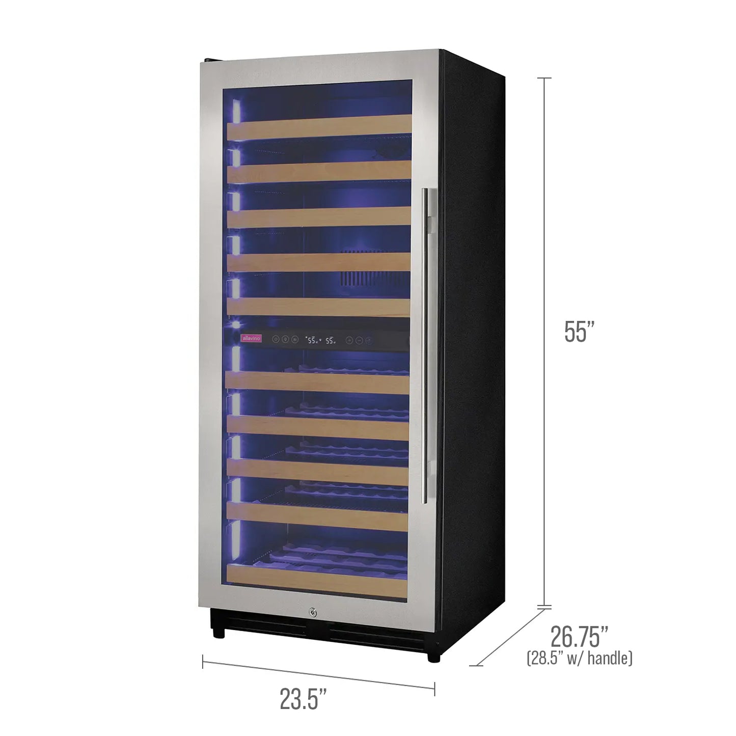 Allvaino 119 Bottle 55-Inch Tall Single Zone Left Hinge Stainless Steel Wine Refrigerator