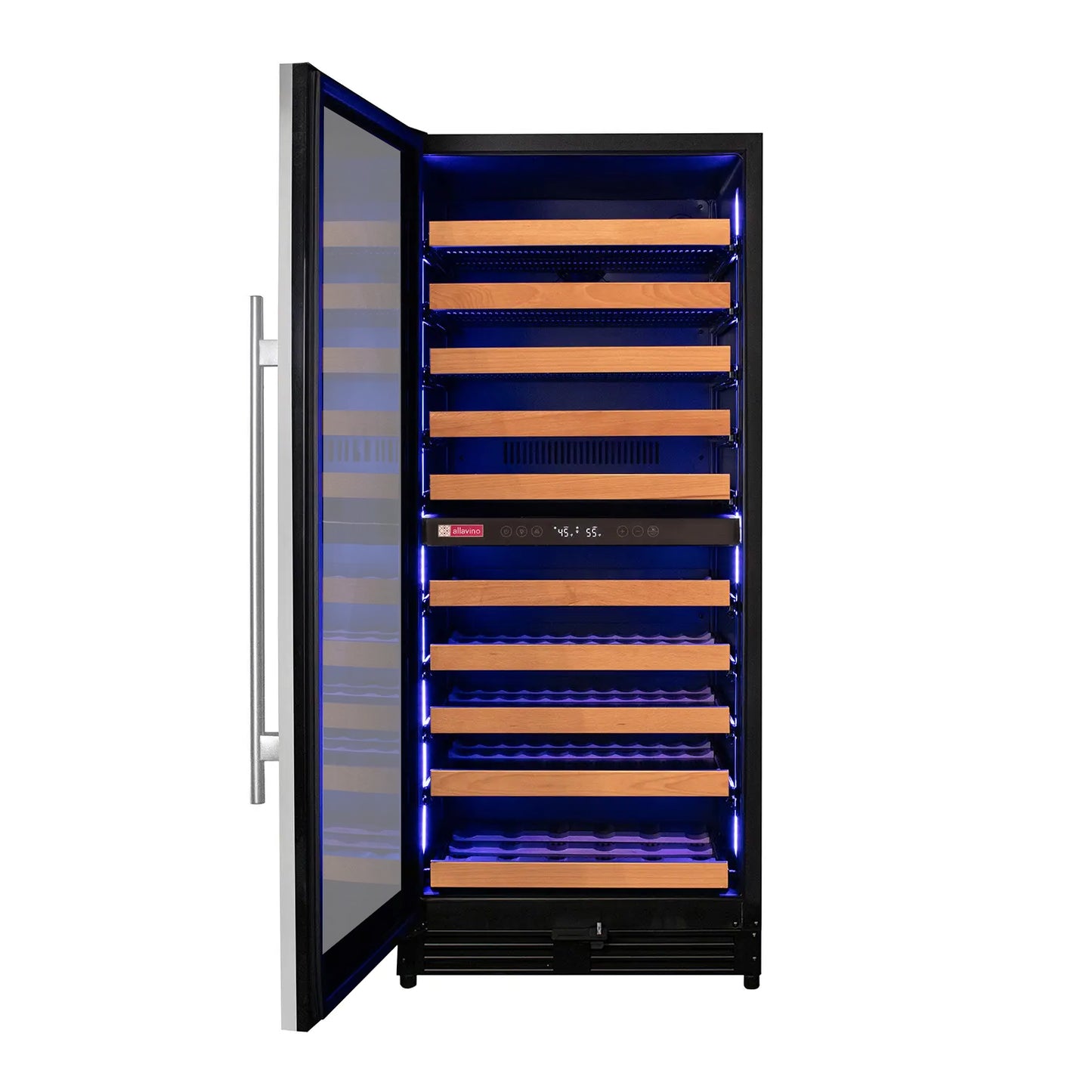 Allvaino 119 Bottle 55-Inch Tall Single Zone Left Hinge Stainless Steel Wine Refrigerator