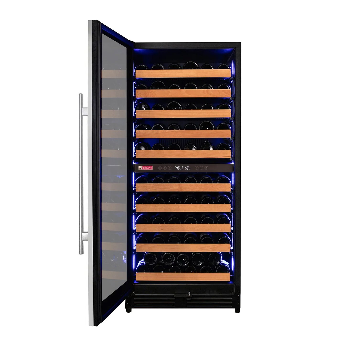 Allvaino 119 Bottle 55-Inch Tall Single Zone Left Hinge Stainless Steel Wine Refrigerator
