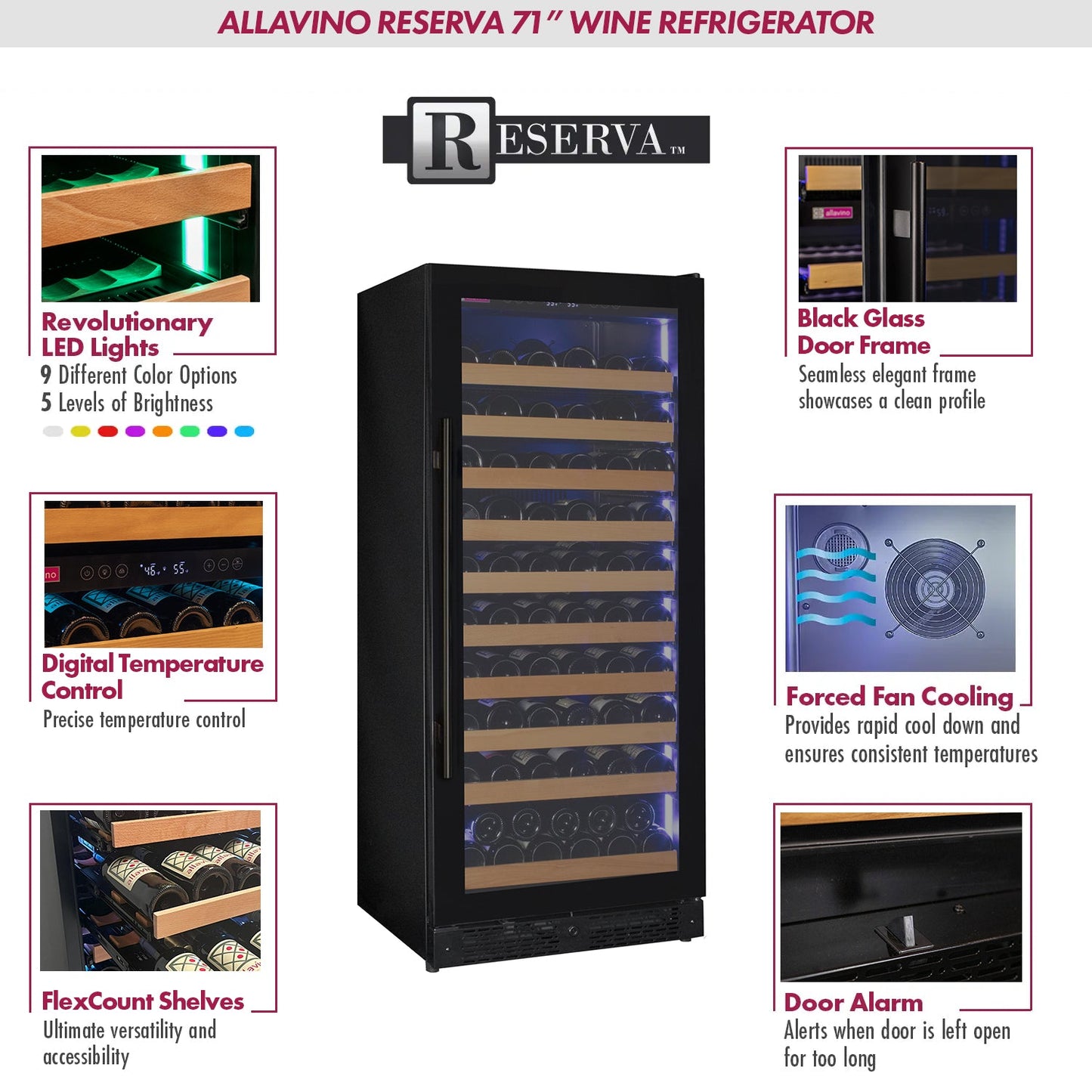 Allavino Reserva Series 119 Bottle 55" Tall Single Zone Right Hinge Black Glass Wine Refrigerator