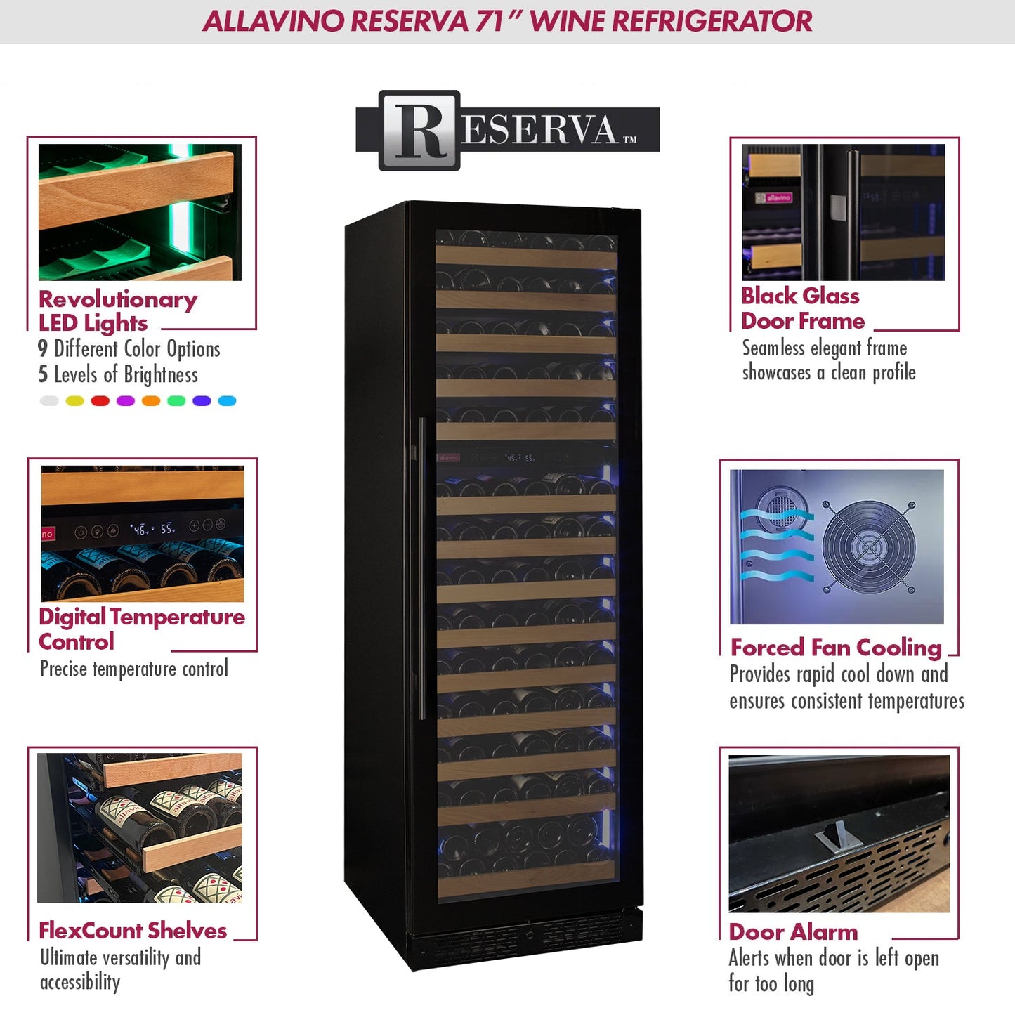 Allavino Reserva Series 154 Bottle 71" Tall Dual Zone Right Hinge Black Glass Door Wine Refrigerator