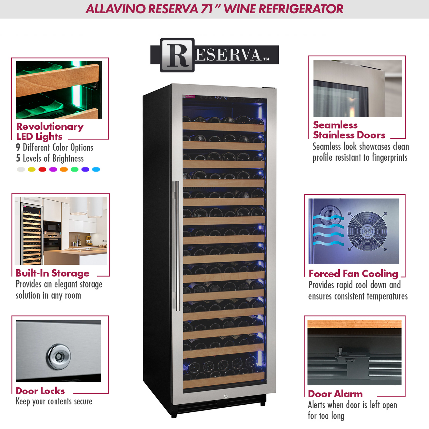 Allavino Reserva Series 163 Bottle 71" Tall Single Zone Right Hinge Stainless Steel Wine Refrigerator