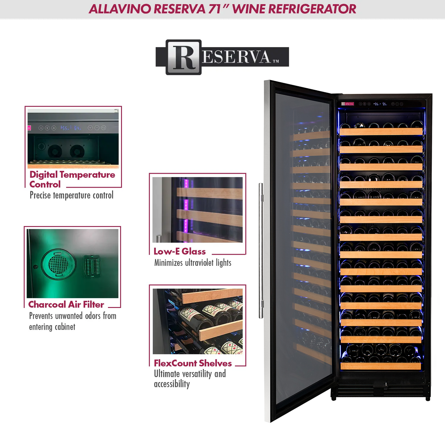 Allavino Reserva Series 163 Bottle 71" Tall Single Zone Left Hinge Stainless Steel Wine Refrigerator