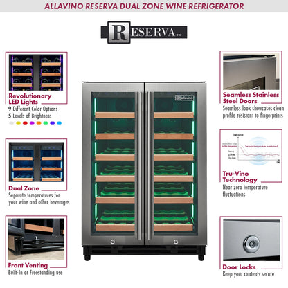 Allavino Reserva Series 36 Bottle Dual Zone Wine Refrigerator with Stainless Steel French Doors