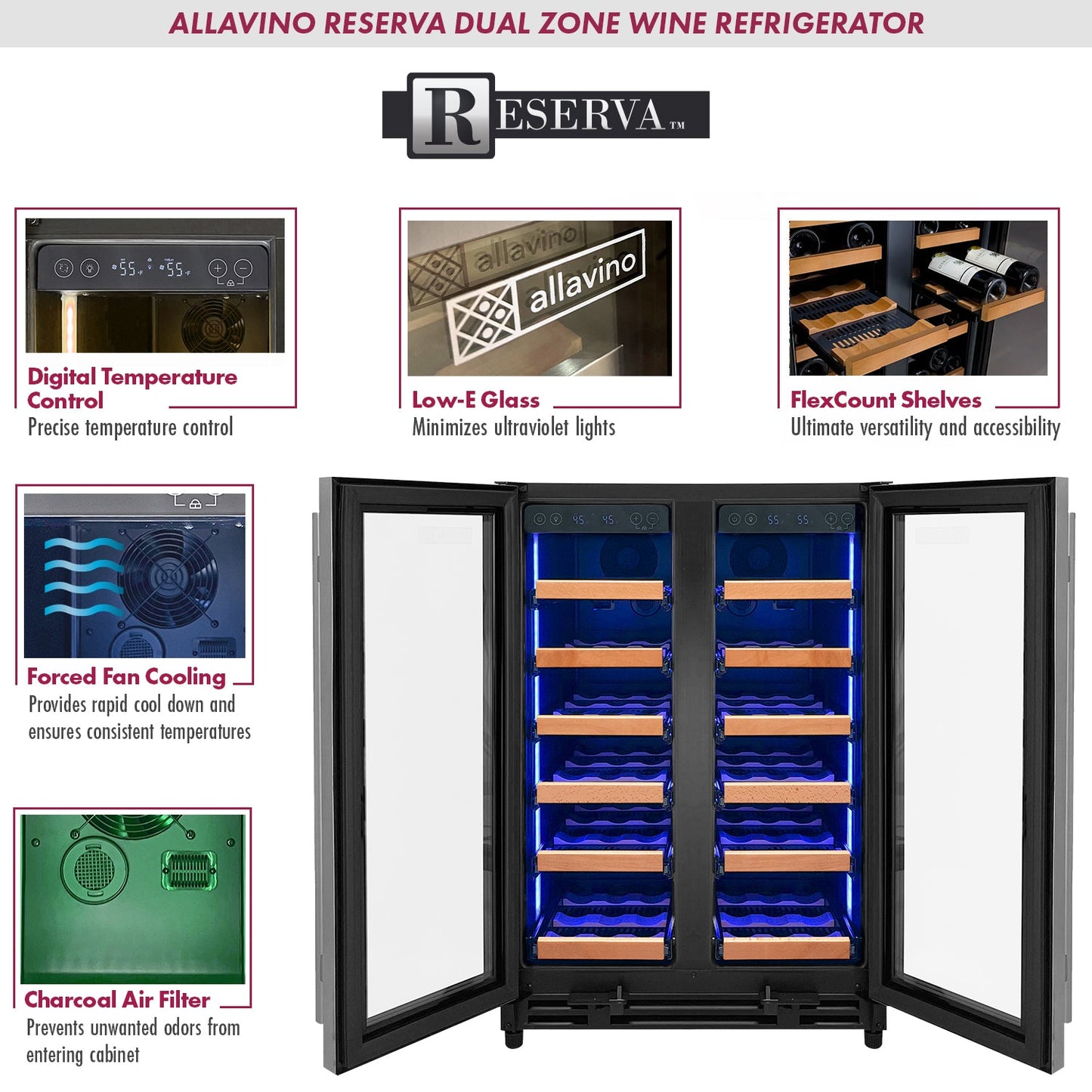 Allavino Reserva Series 36 Bottle Dual Zone Wine Refrigerator with Stainless Steel French Doors