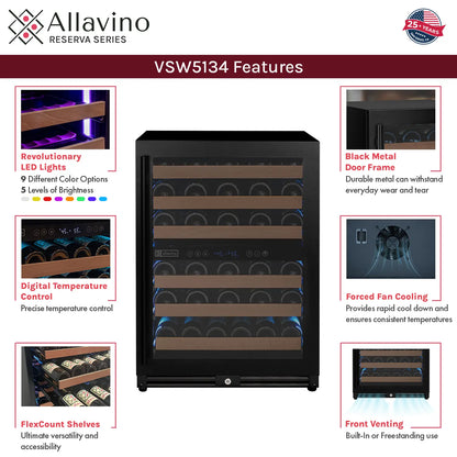 Allavino Reserva Series 102 Bottle Four Zone Built-in Luxury Wine Refrigerator with Black Metal Doors - Side-by-Side