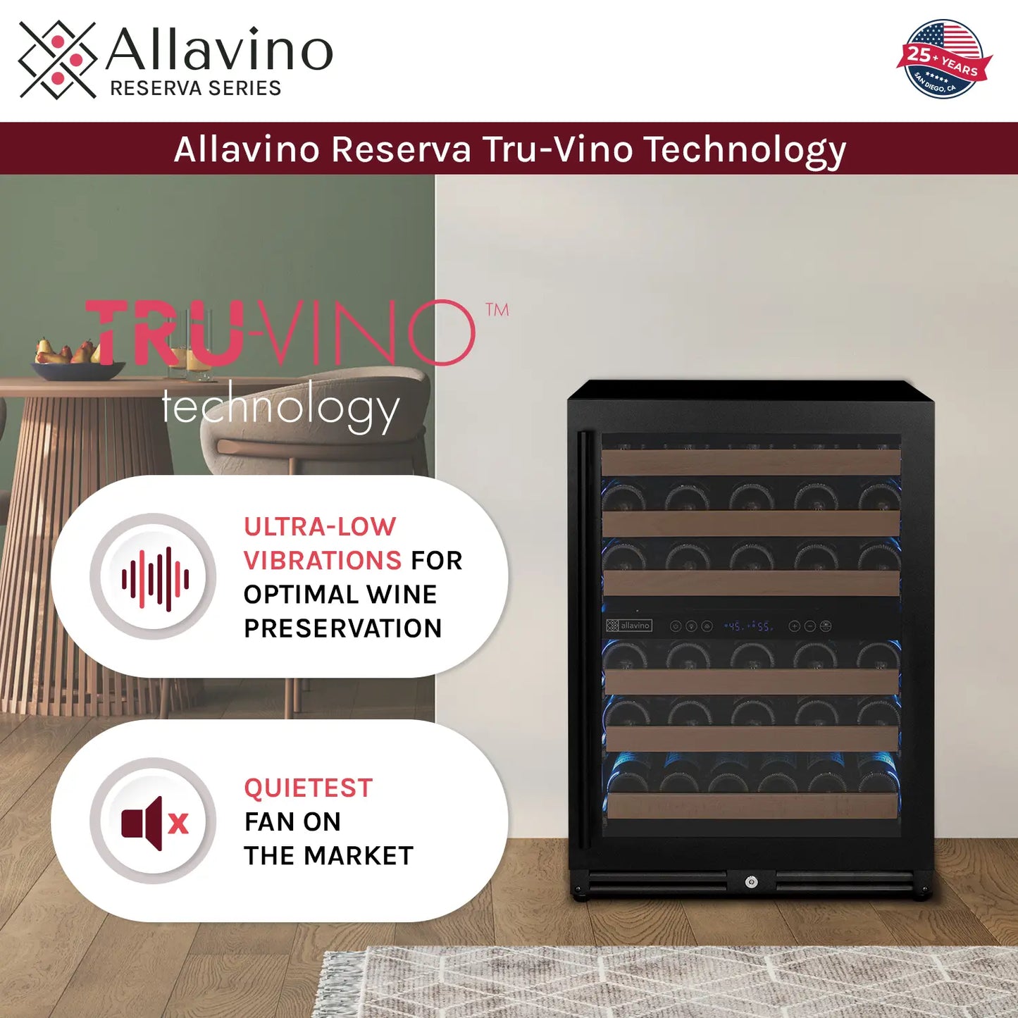 Allavino Reserva Series 102 Bottle Four Zone Built-in Luxury Wine Refrigerator with Black Metal Doors - Side-by-Side
